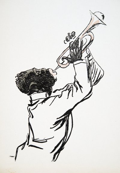 Trompetenspieler, aus White Bottoms, veröffentlicht 1927 (Farbholzschnitt) von Sem